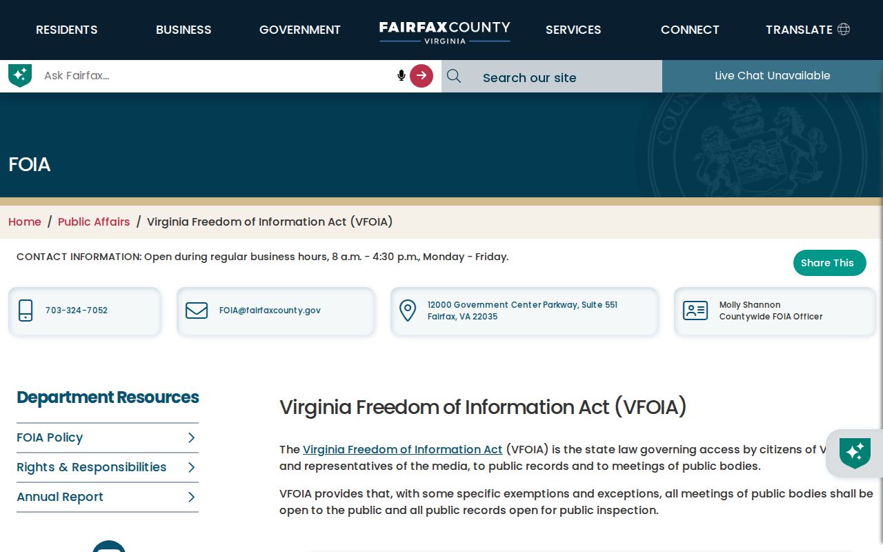 Fair Oaks residents directory reference to Fairfax County FOIA request routing
