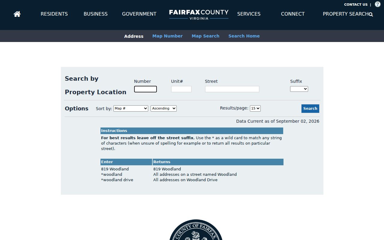 Fair Oaks residents directory view of Fairfax iCare address search fields