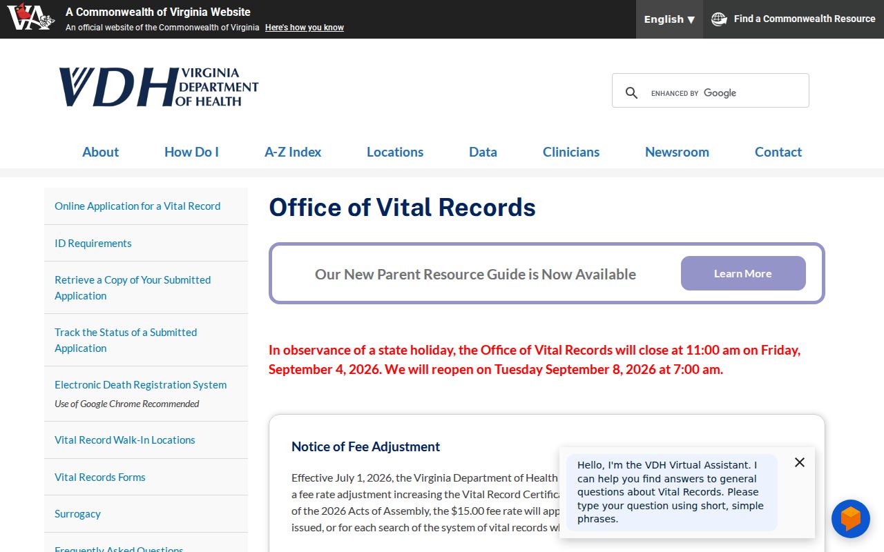 Fair Oaks residents directory reference to Virginia vital records application information