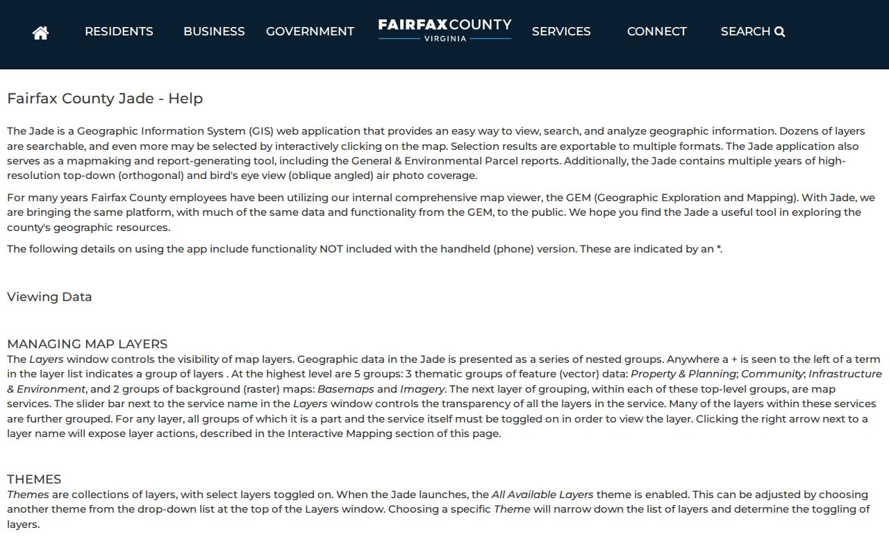 Fair Oaks street directory Jade GIS help for search, layers, reports, and exports
